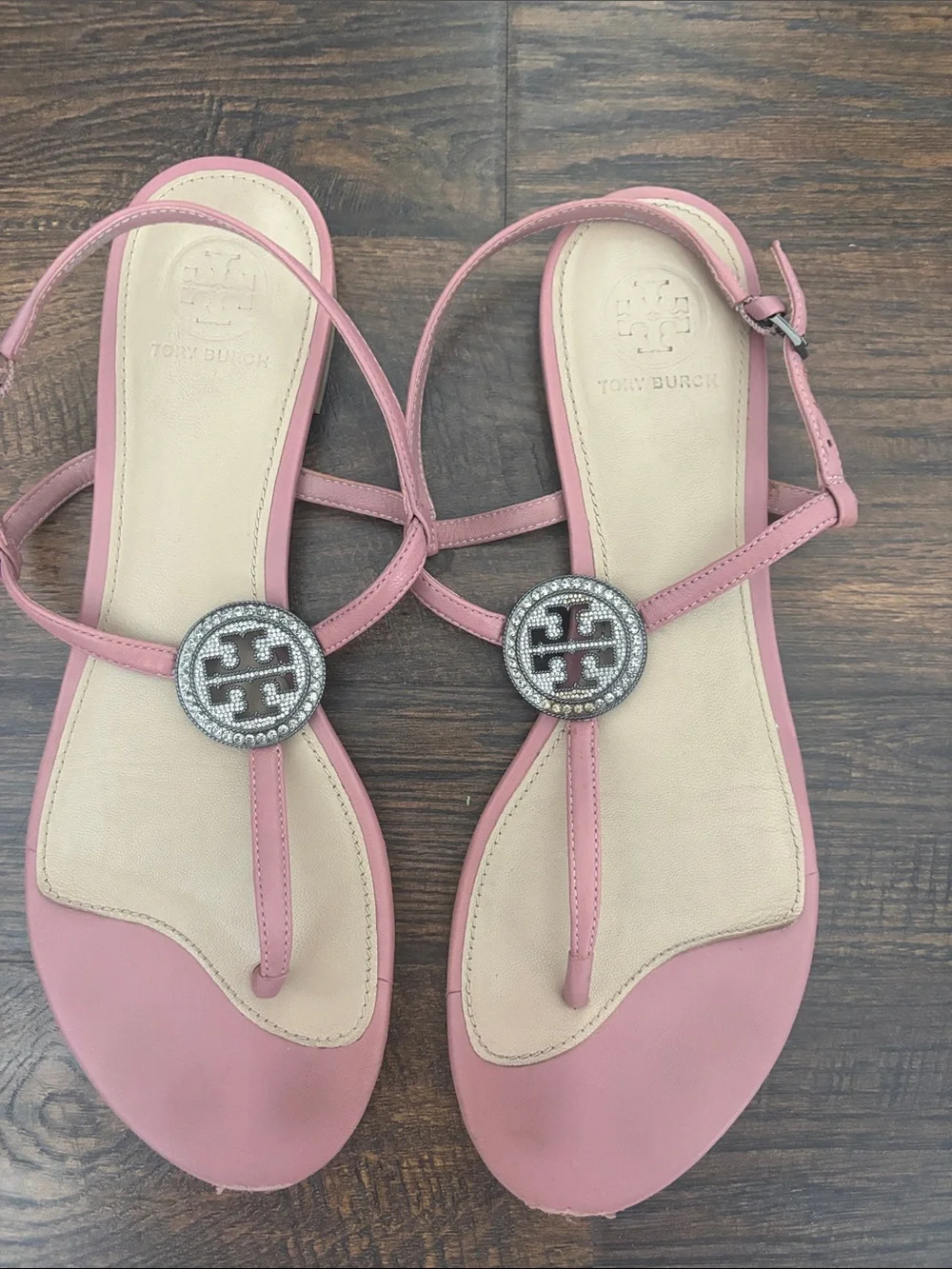 Tory Burch Pink Leather T-Strap Sandals with Crystal Logo Disc